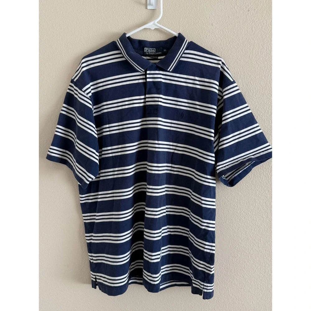 Polo Ralph Lauren Mens XL Navy Blue White Striped Short Sleeve Cotton Polo Shirt